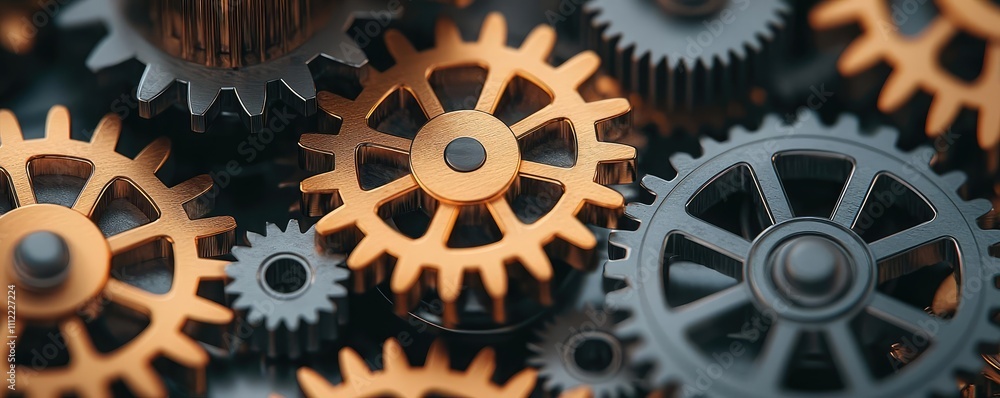 Poster close-up of interlocking gears, showcasing intricate details and craftsmanship.