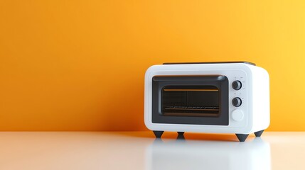 Obraz premium A white toaster oven sits on a white countertop in front of an orange wall.
