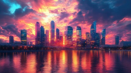 Fototapeta premium Vibrant sunset over a modern city skyline reflected in calm water. (1)
