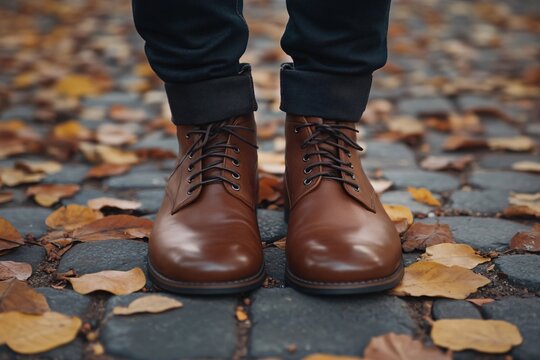 Stylish man wearing brown leather boots is standing on a cobblestone street covered with fallen autumn leaves
