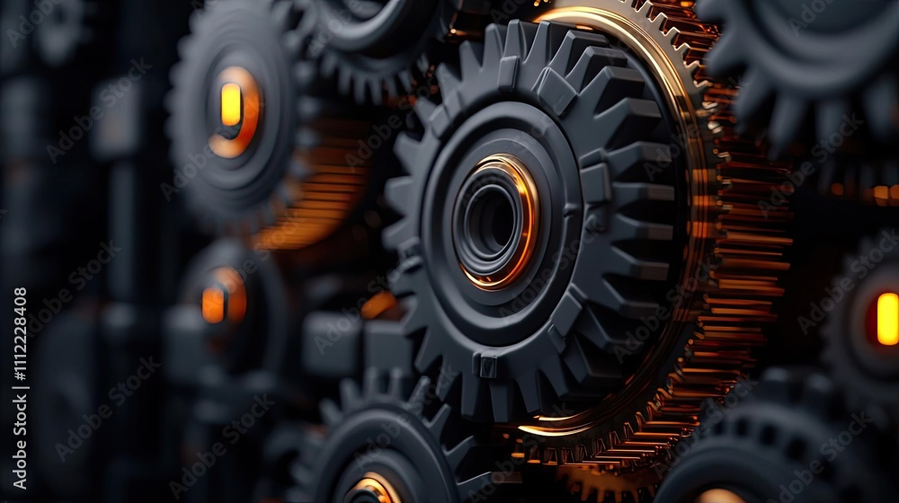Poster Close-up of metallic gears with a gloss finish and illuminated elements.