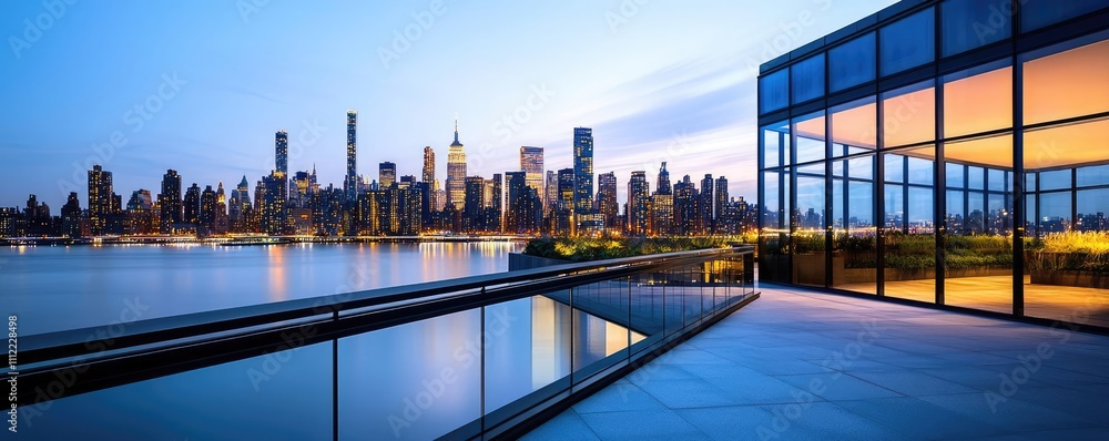 Poster modern architecture with city skyline and waterfront view during twilight.