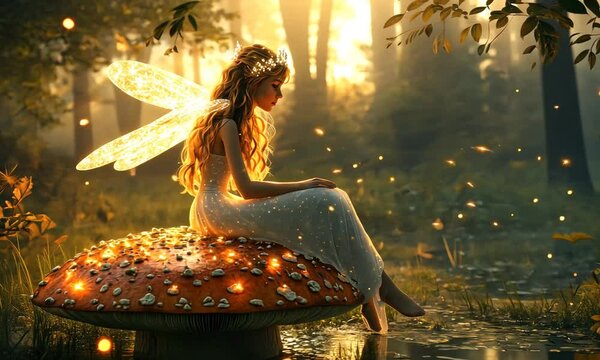 Fairy sitting on glowing mushroom by water.
