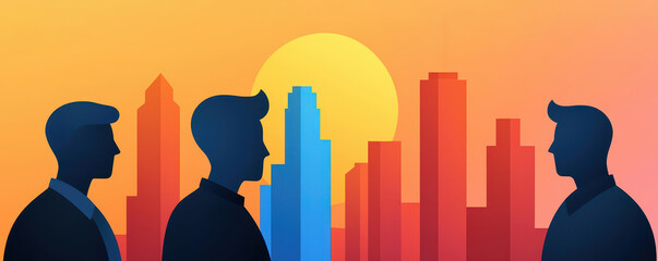 Silhouettes of business people against a vibrant sunset skyline.