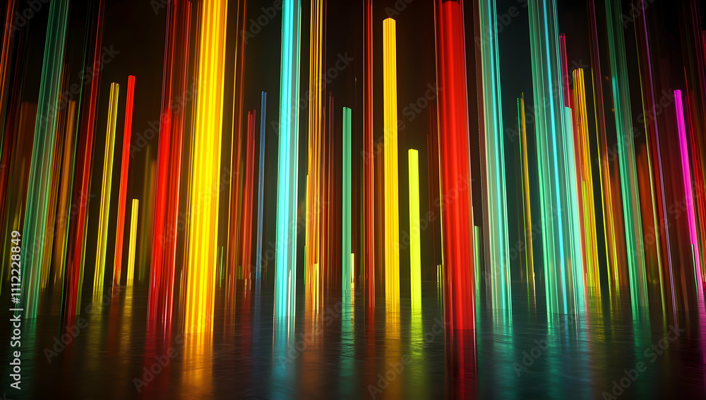 Poster 3d render, abstract neon background with glowing lines and vertical shapes on a black backdrop.