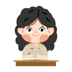 woman in uniform sitting at a desk with a book