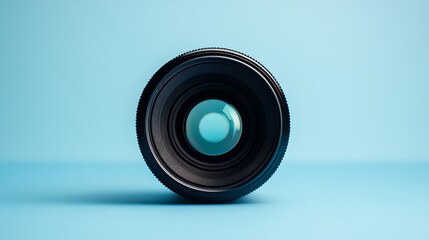A camera lens on a blue surface.