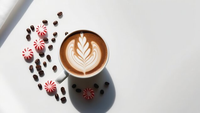 Coffee with latte art surrounded by chocolate and peppermint candies.