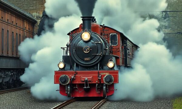 Frontal vintage train with billowing smoke.