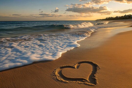 Heart shape drawn in the beach sand with ocean waves gently washing ashore at sunset - Powered by Adobe