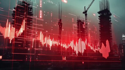 Futuristic Construction Site at Night with Data Overlay. - Powered by Adobe