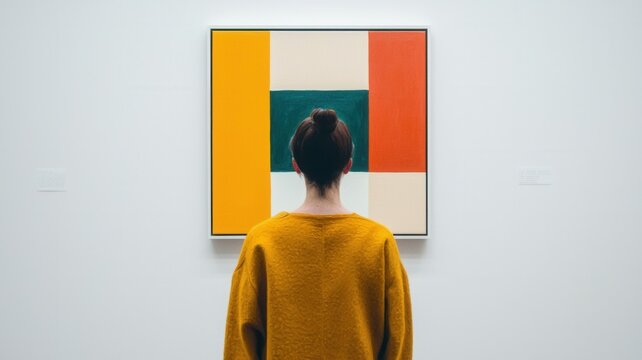 Modern Abstract Art Gallery Minimalist Geometric Painting Woman Viewer
