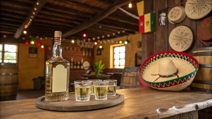 Tequila bottle with glasses and lime in a rustic cantina.