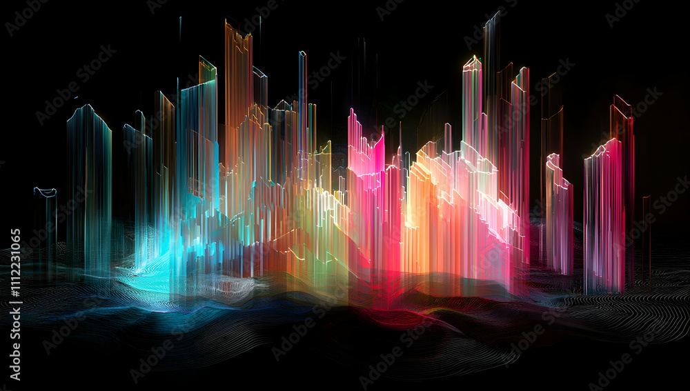 Poster 3d render, abstract neon background with glowing lines and vertical shapes on a black backdrop.