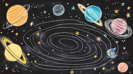 Colorful Chalkboard Illustration of Planets, Stars, and Galaxy Swirls Depicting a Playful Space Scene for Children’s Educational Materials or Decor
