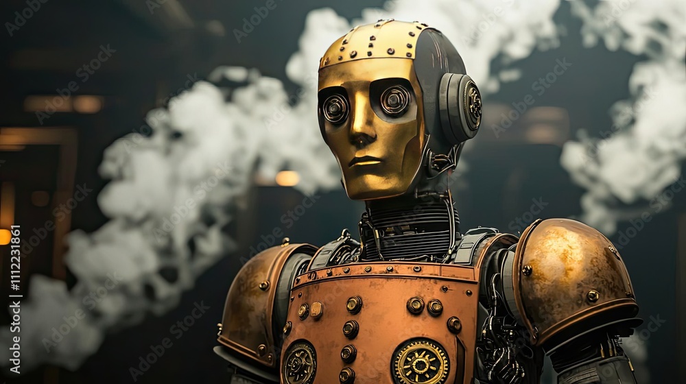 Poster Futuristic robot with metallic features and steam background.