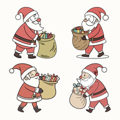 Set of Santa Claus in different styles. Christmas character set, Santa with gift bag, cute Marry Christmas Santa 