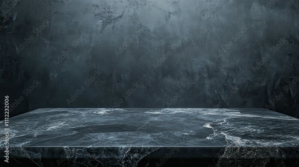 Poster empty grey marble tabletop with dark black cement stone background for product displayed in rustic m