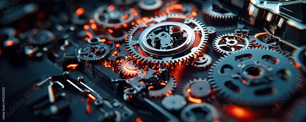 Aufkleber close-up view of intricate gears and mechanisms with an orange glow.
