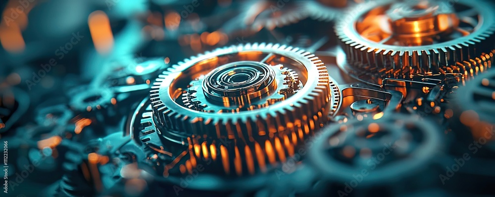 Poster close-up of intricate gears with glowing metallic surfaces in a mechanical backdrop.