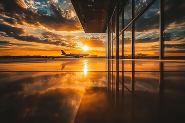 Stunning Sunset Reflection at Airport Terminal with Airplane Silhouette Against Colorful Sky