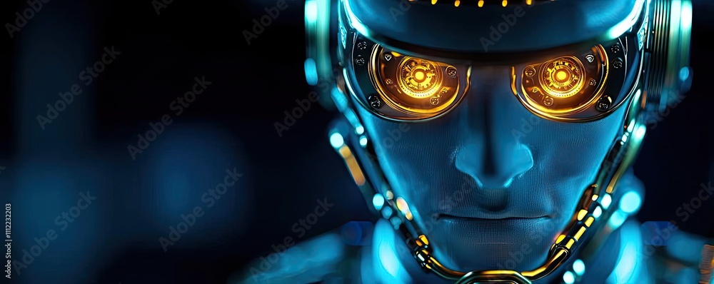 Poster futuristic robot with glowing eyes in a dark background.