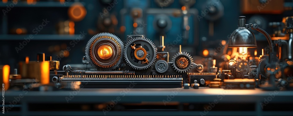 Poster intricate machinery with gears and lights on a workbench, showcasing mechanical design.