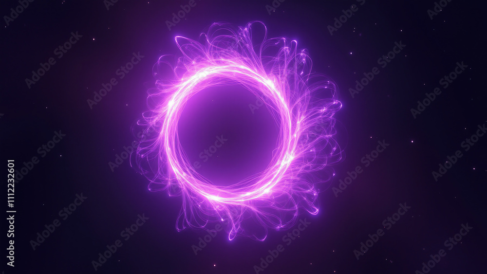 Poster an abstract design featuring a glowing purple circular shape with intricate light trails, creating a