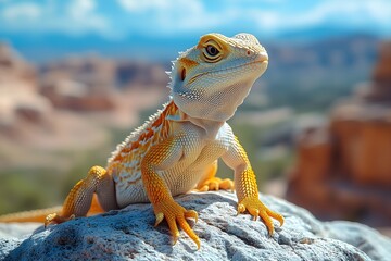 Fototapeta premium Lizard perched on rock in a vast landscape under cloudy sky displaying vibrant colors and detail