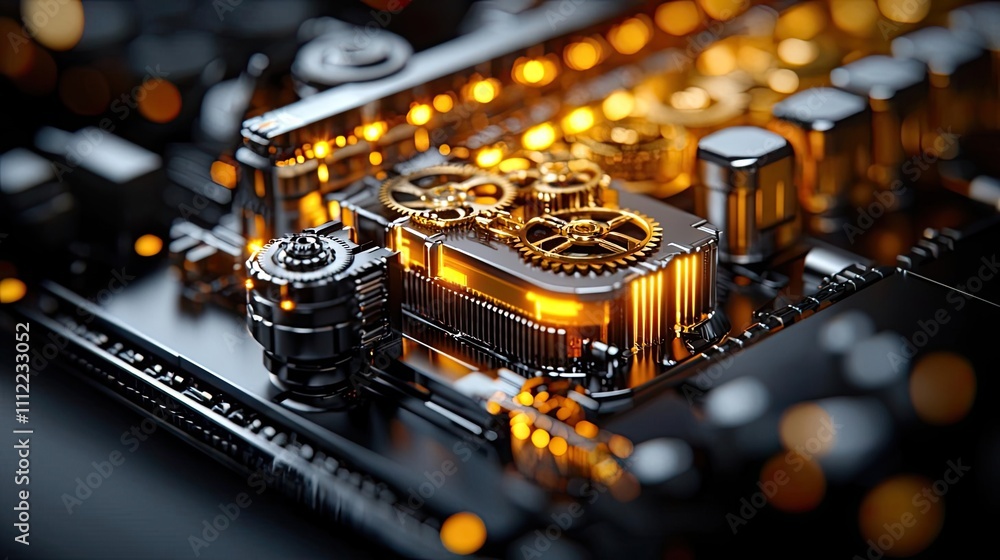 Poster Close-up of a circuit board with glowing components and intricate details.