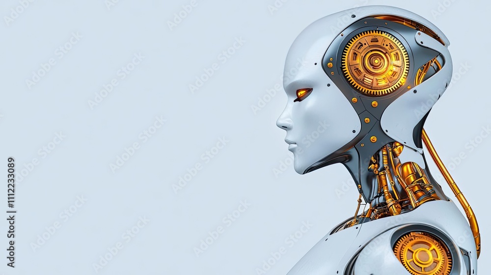 Aufkleber futuristic robot profile with intricate mechanical design, white isolated background.