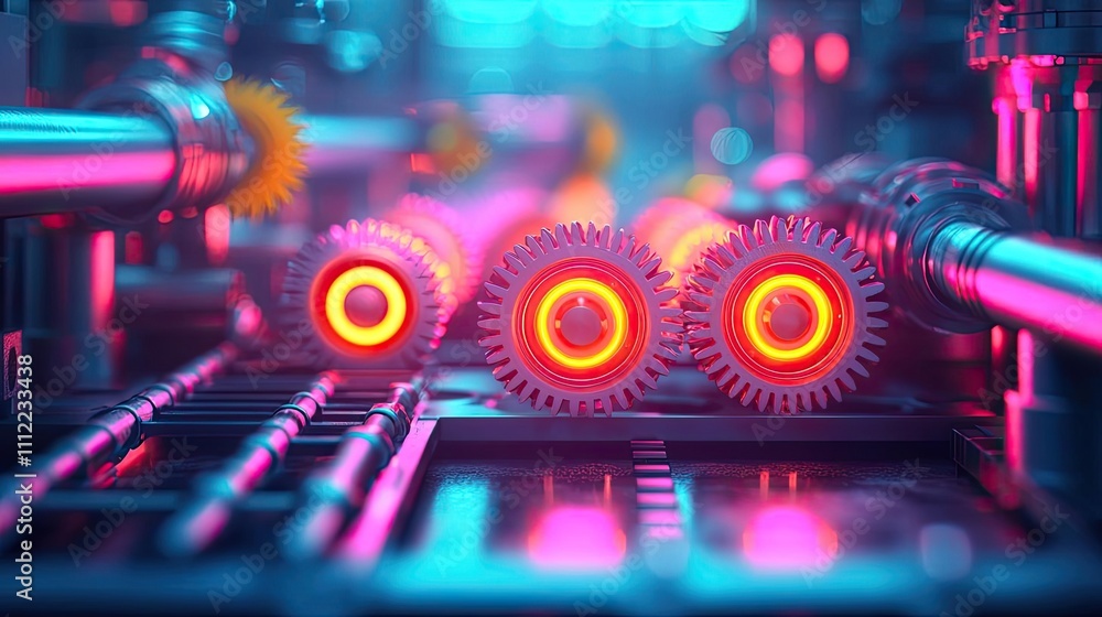 Poster close-up of illuminated gears in a modern mechanical setup.