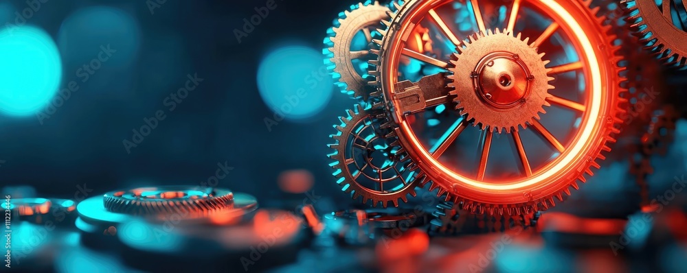 Poster mechanical gears with vivid lighting on a blurred background