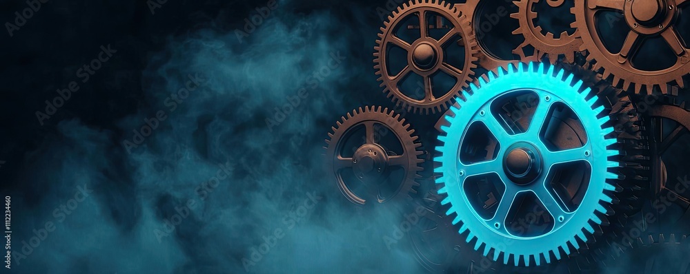 Poster Colorful gears surrounded by mist, creating a dynamic mechanical atmosphere.
