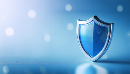 Blue shield on light blue backdrop. Protection, security and safety. Cybersecurity and insurance