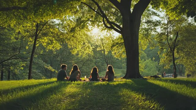Group having picnic under a tree in park at sunset.