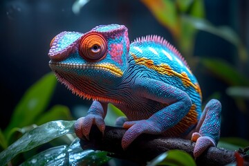 Colorful chameleon perched on a branch