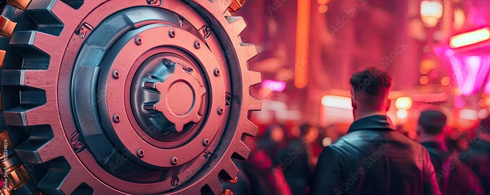 Poster close-up of a large gear in a vibrant urban setting with blurred figures.