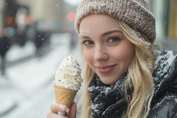 A beautiful blonde woman eating ice cream on the street in snowy weather

