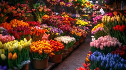 Colorful unsold flowers displayed in a flower shop, showcasing vibrant floral arrangements and market atmosphere
