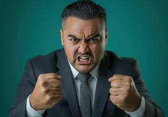 Intense Businessman Expressing Anger and Frustration with Clenched Fists Against a Solid Teal Background, Suitable for Themes of Conflict and Emotion in the Workplace