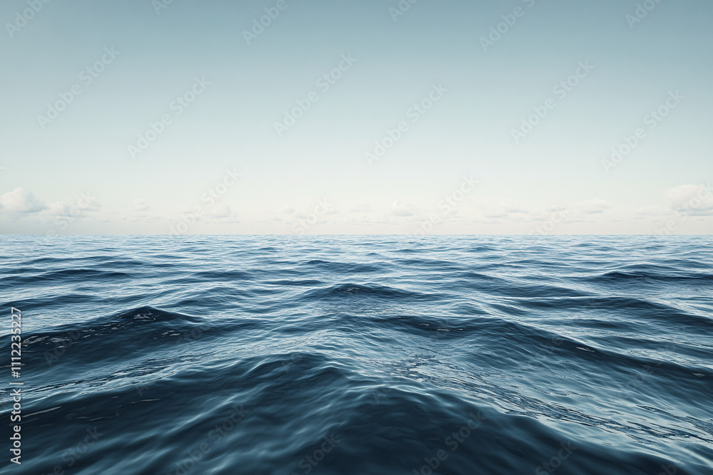 Poster a vast open ocean with gentle rippling waves stretching to the horizon under a soft blue sky creatin