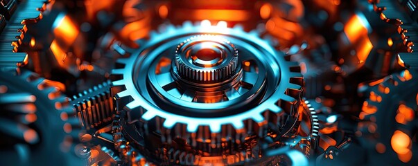 Close-up of metallic gears with vibrant lighting, intricate details, isolated background.