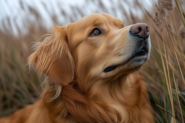 Golden retriever gazes thoughtfully among tall grass during a serene outdoor moment in nature
