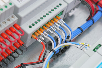 Connection of electrical modules using insulated mounting wires. Close-up. Soft focus.