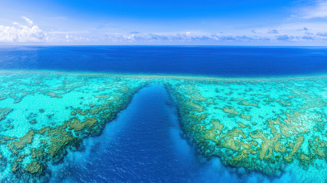 Pacific Ocean. Aerial view of vibrant coral reefs and clear blue ocean waters, showcasing a natural underwater landscape.