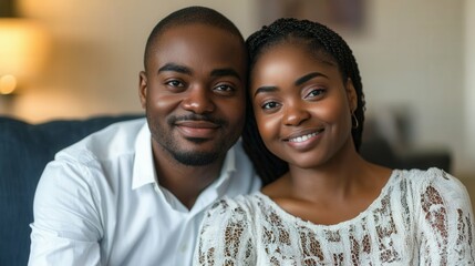 Obraz premium couple with African features sitting together smiling warmly home interior soft lighting cozy atmosphere