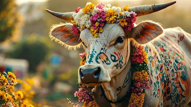 A sacred white Indian cow adorned with floral paintings, garlands, and flower crown, in yellow blossoms, Makar Sankranti