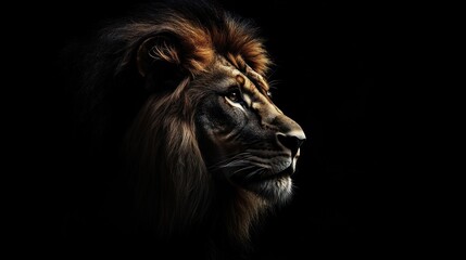 A majestic lion with a piercing gaze, silhouetted against a black background.A majestic lion with a...