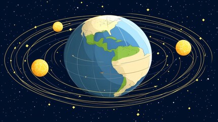 Naklejka premium Earth axis diagram illustration showing the tilt of the Earth's rotational axis relative to its orbital plane, explaining the cause of seasonal changes and the distribution of sunlight